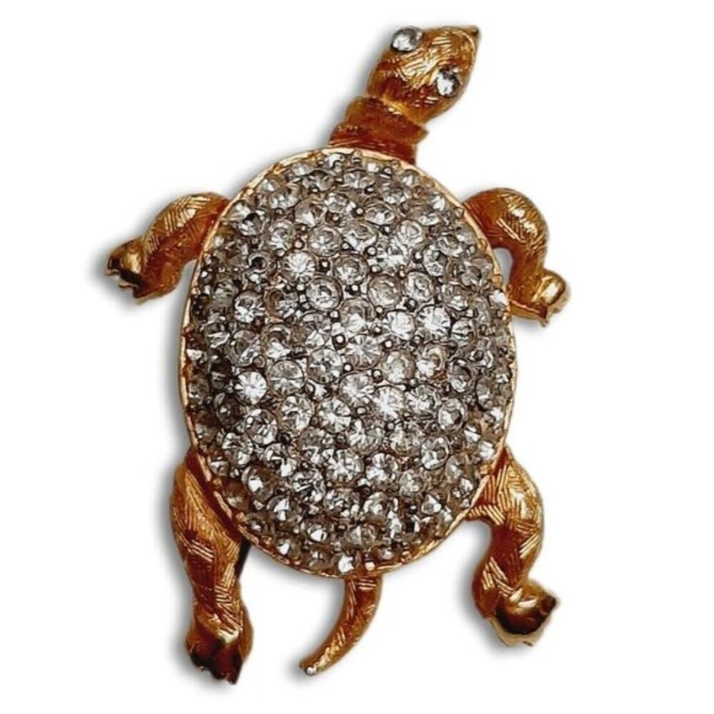 Vintage \ Clear Rhinestone Turtle Brooch Sparkle Jewelry Tortoise Goldtone Pin